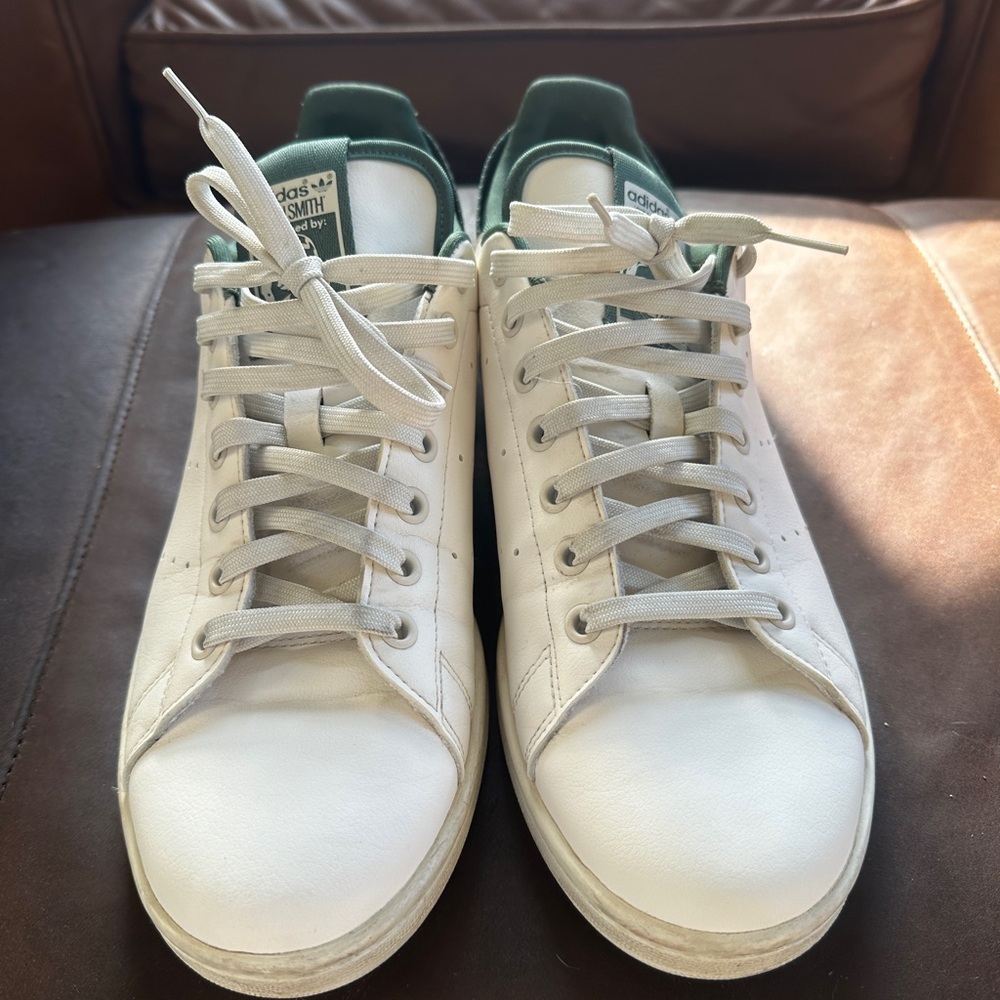 adidas Stan Smith White Leather Sneakers with Green Heel Tab Size 10 - Picture 2 of 10
